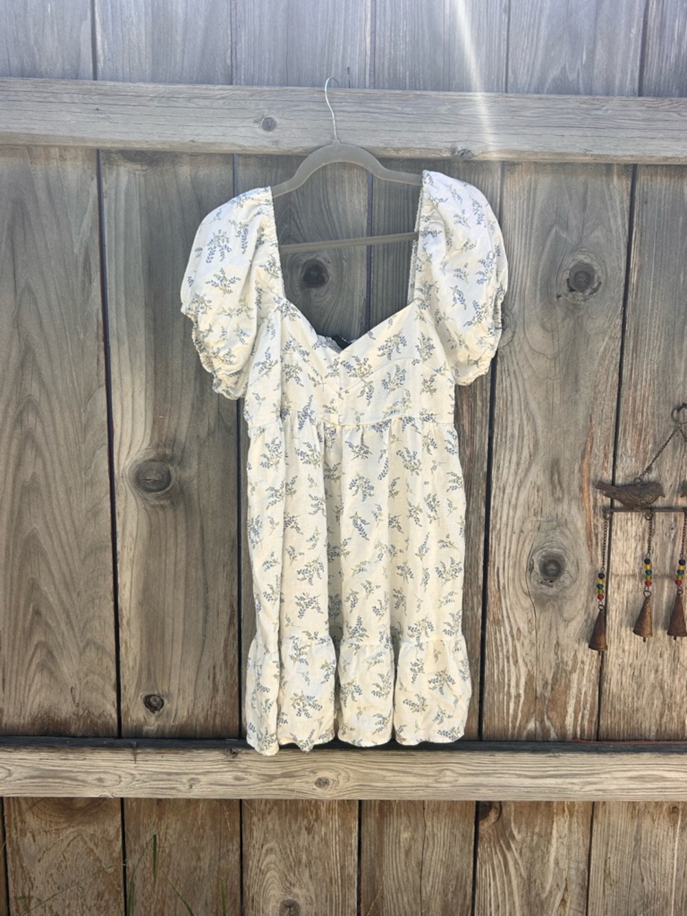 H&M Puff Sleeve Floral Mini Dress XL Cream Blue Cottagecore Smocked Back EUC
